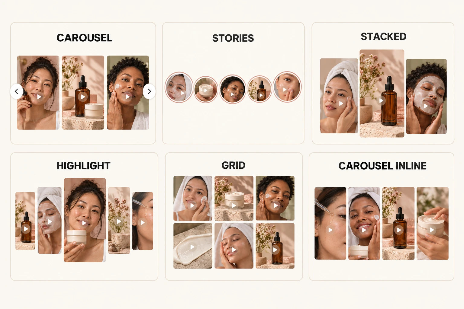 Beauty-themed illustration of EcoBoostify Carousel, Stories, Stacked, Highlight, Grid and Carousel Inline layouts